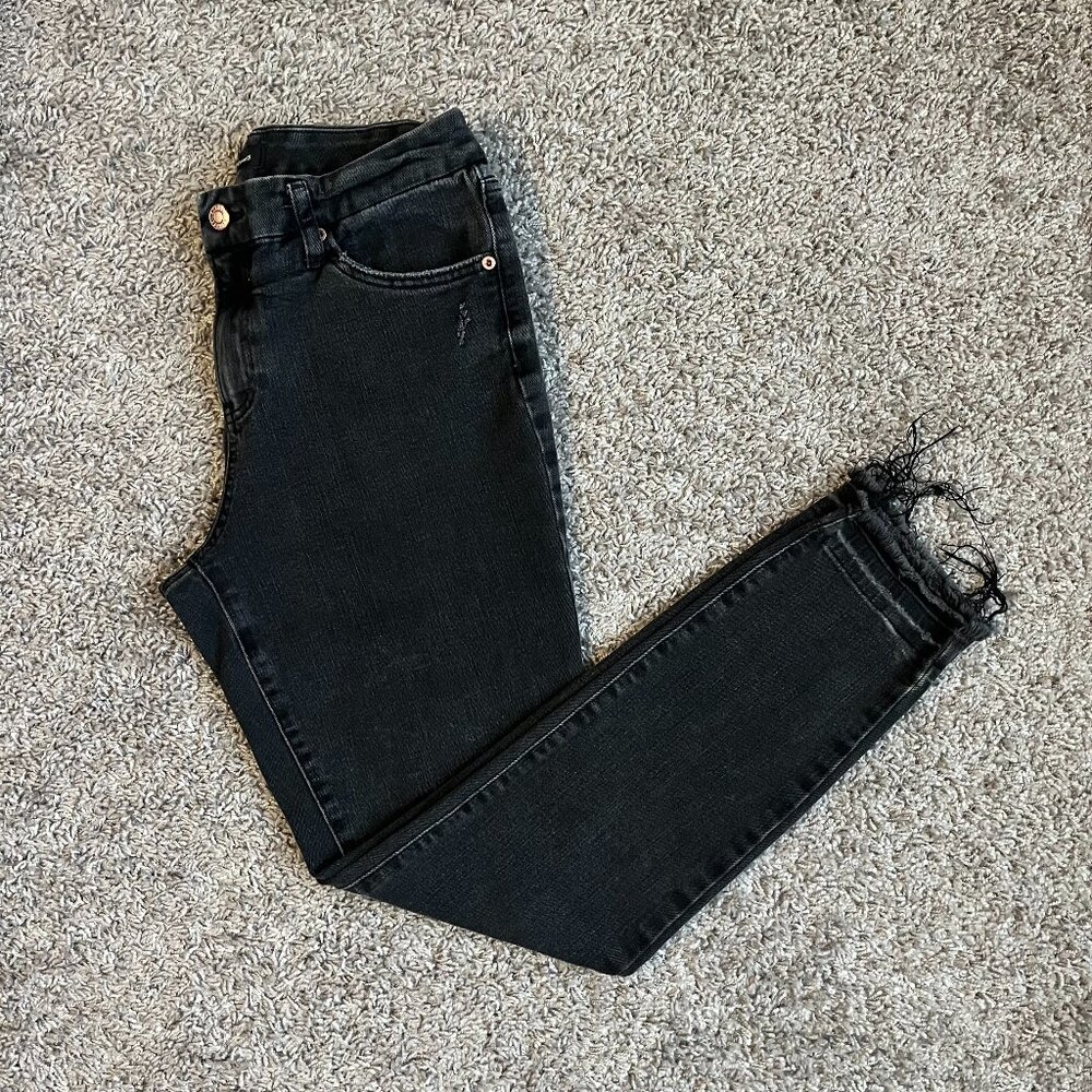 Express Raw Hem Faded Black Mid Rise Skinny Jeans